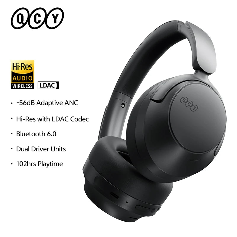 QCY H3S -56dB ANC adaptativo Auscultadores Bluetooth 6.0 circum-aurais – Headset sem fios Hi-Res LDAC, bateria de 102H, som espacial Dual Driver