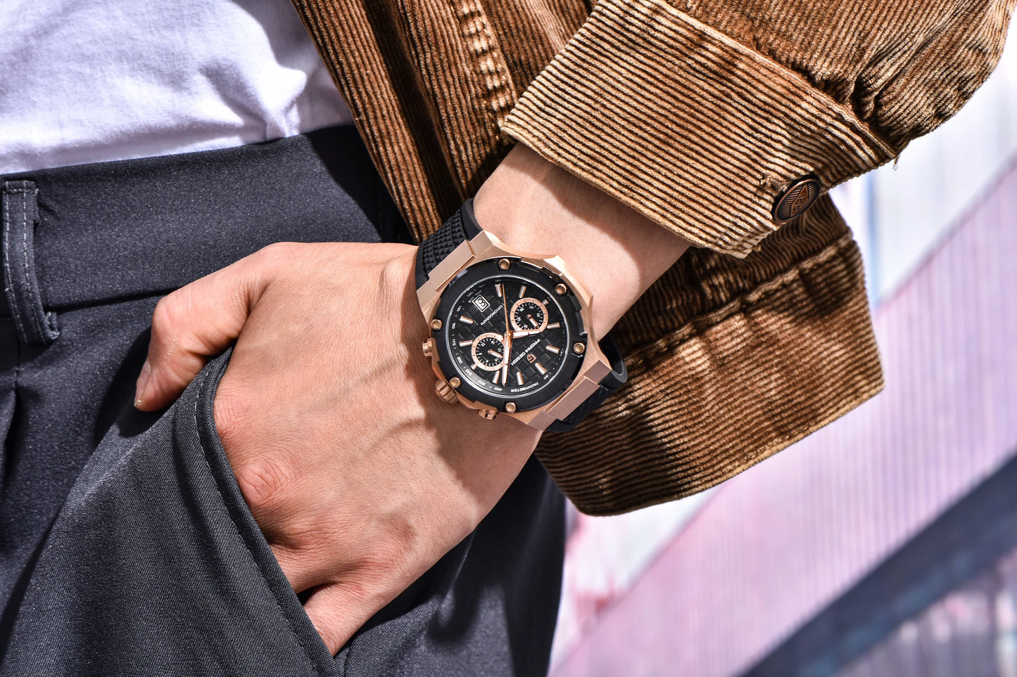 PAGANI DESIGN Men's Watches Luxury Rose Gold Sport Chronograph Japan VK64 Quartz Watch For Men Fluororubber Strap Wristwatch Men