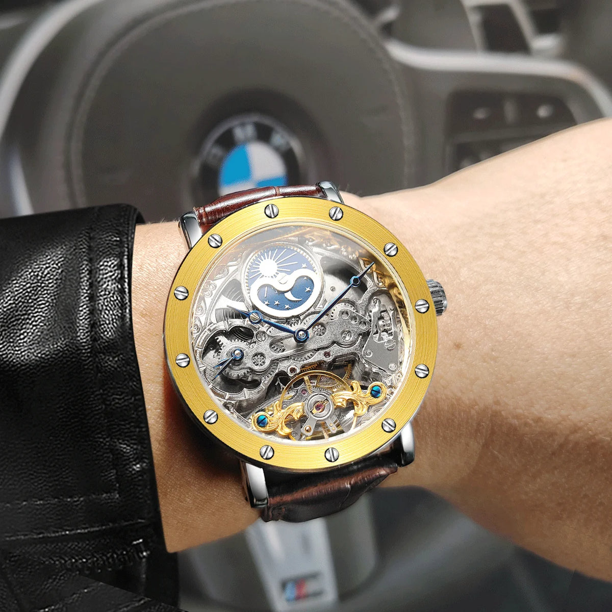 SKROX automata mechanikus férfi karóra, szkeleton modell GMT funkcióval, holdfázis-kijelzővel és tourbillon-nal – Elegáns és eredeti, csúcsminőségű luxusóra.