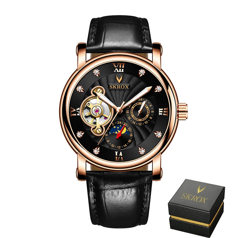 Luxusní pánské mechanické hodinky s automatickým nátahem od renomované značky, vybavené tourbillonem, ukazatelem fáze měsíce a diamanty – elegantní náramkové hodinky.