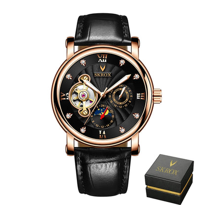 Luxusní pánské mechanické hodinky s automatickým nátahem od renomované značky, vybavené tourbillonem, ukazatelem fáze měsíce a diamanty – elegantní náramkové hodinky.