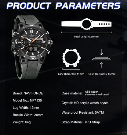 NAVIFORCE Men's Watch Dual Display 50M Waterproof Countdown Chronograph Alarm Clock Male Fashionable Sports Wristwatch NF7135