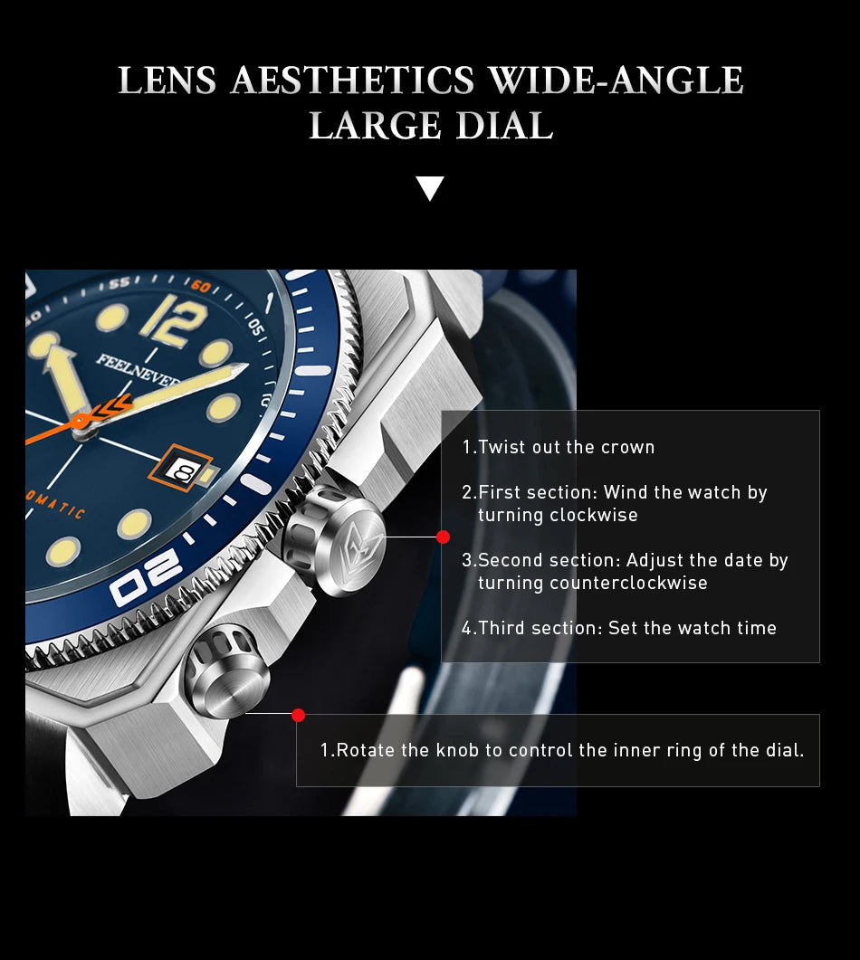Reloj de buceo automático para hombre FeelNever 8215 con movimiento automático, superluminoso, acero 316, cristal de zafiro, reloj mecánico deportivo masculino