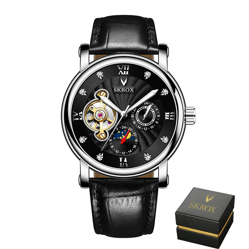 Luxusní pánské mechanické hodinky s automatickým nátahem od renomované značky, vybavené tourbillonem, ukazatelem fáze měsíce a diamanty – elegantní náramkové hodinky.
