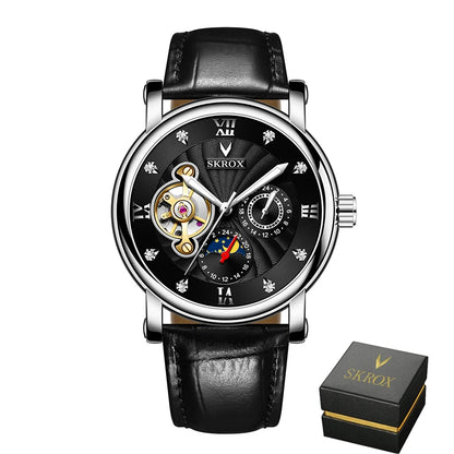 Luxusní pánské mechanické hodinky s automatickým nátahem od renomované značky, vybavené tourbillonem, ukazatelem fáze měsíce a diamanty – elegantní náramkové hodinky.