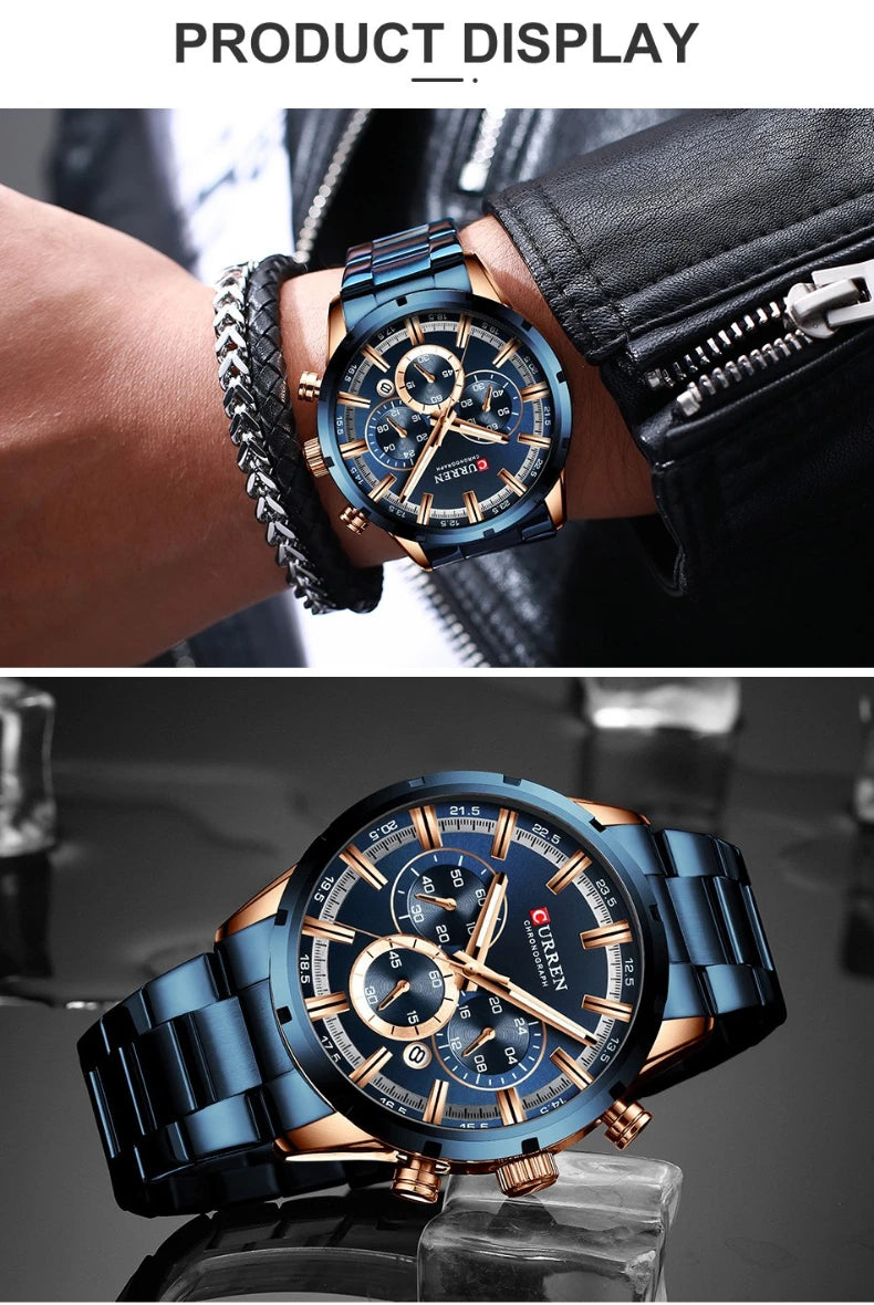 CURREN Top Brand Luxury Military Leather Wrist Watch Casual Sport Watches for Men Blue Man Clock Fashion Chronograph Wristwatch