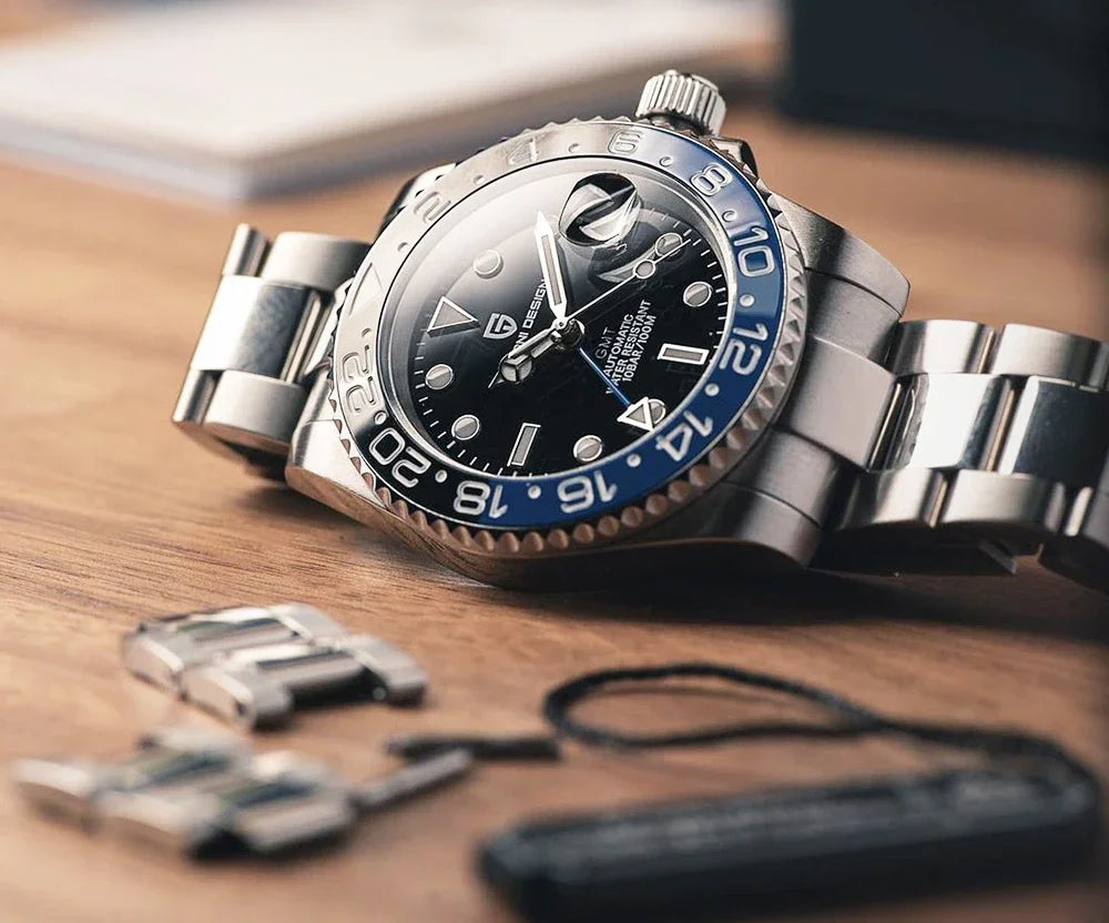 PAGANI DESIGN 40MM GMT Herrenuhr, luxuriöse mechanische Automatikuhr mit Saphirglas AR, Keramiklünette, 100M wasserdicht, Geschenk-Uhr