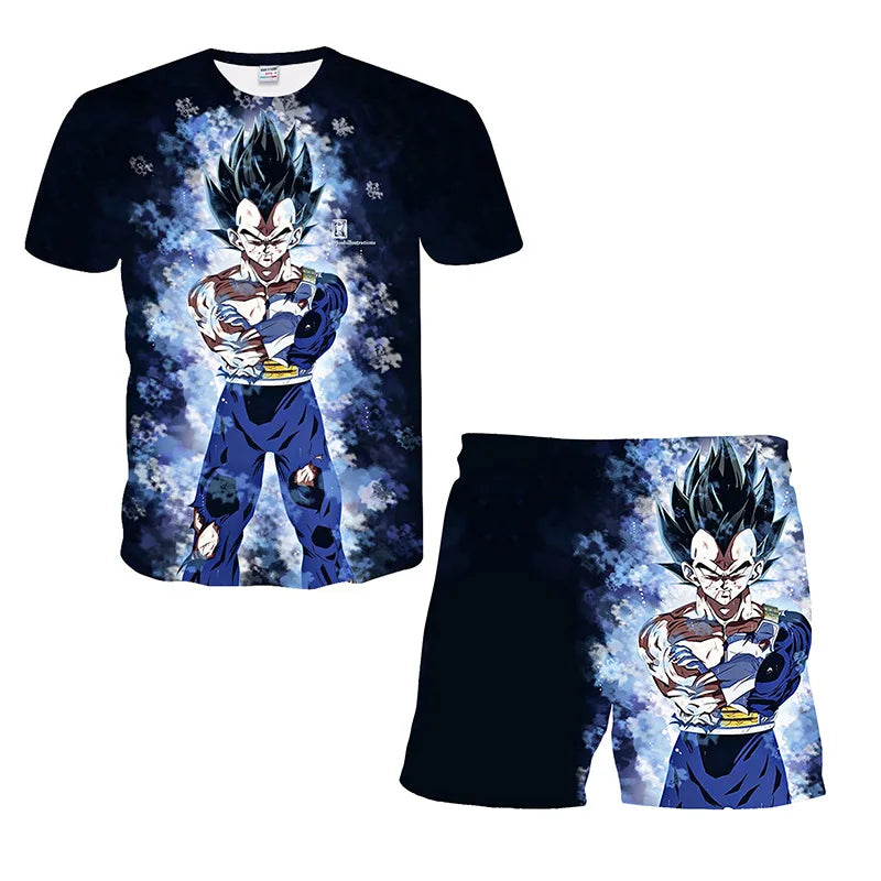 Japanisches Cartoon-Dragon-Ball-Z-T-Shirt, Kinder-Oberteil, T-Shirt- und Shorts-Zweiteiler für den Sommer, Jungen-T-Shirt + Shorts, Strandshorts