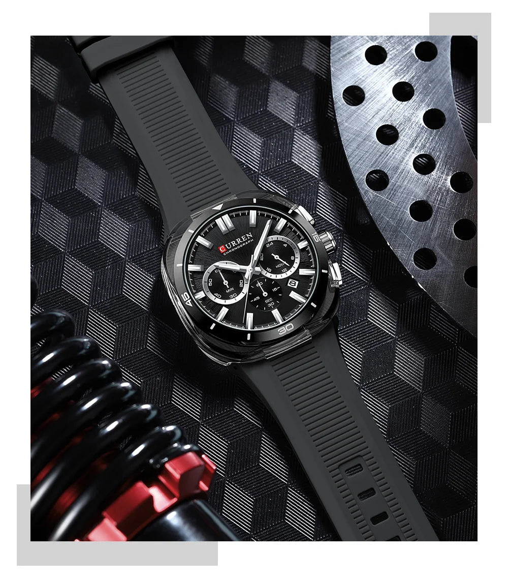 Reloj para hombre CURREN: nuevo modelo de lujo con mecanismo de cuarzo, correa de silicona, estilo deportivo, multifunción, resistente al agua, luminiscente, con indicador de fecha y cronómetro.
