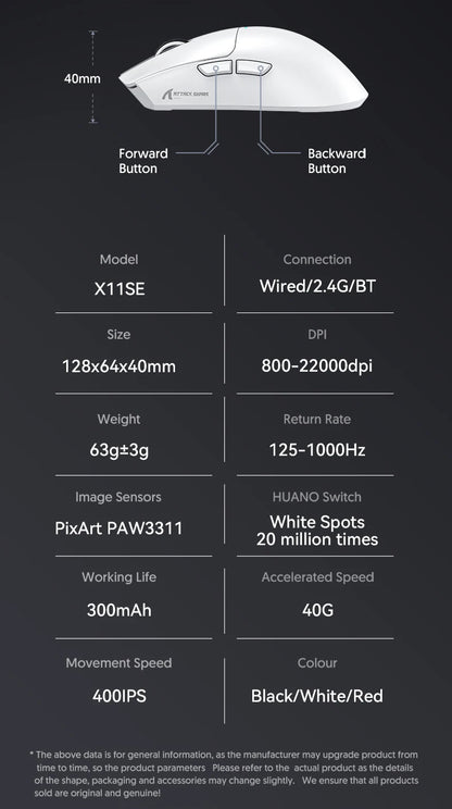 ATTACK SHARK X11 žaidimų pelė ir X11 SE belaidė pelė, 22000 DPI, PAW3311 jutiklis, BT/2.4G/laidinė, lengva 59g, 2000W paspaudimų