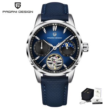 PAGANI DESIGN – Mekanisk luksusur til mænd, 41 mm, safirglas, læderrem, vandtæt, pilotstil, med tourbillon og månefase