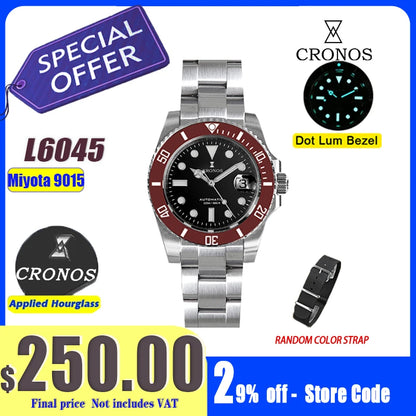Cronos New 40mm Diver Men's Watches Luxury Miyota9015 Automatic Mechanical Watch Sapphire Crystal Waterproof 200m Adjustable Clasp L6045