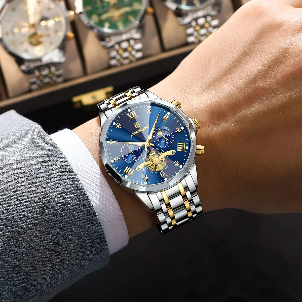 Original luxury POEDAGAR men’s watch, water-resistant, luminous chronograph, stainless steel quartz wristwatch, high-end men’s watches