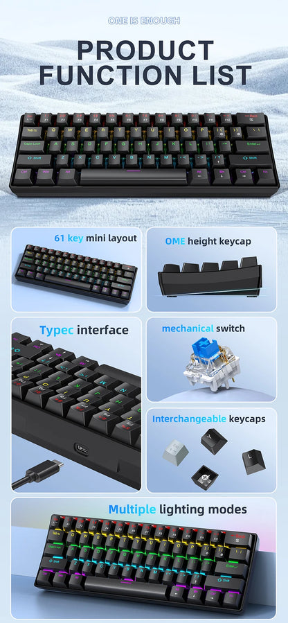 Teclado mecánico mini APAYADO K61, con cable, 61 teclas, Phantom RGB, negro/blanco, interruptor mecánico rojo/azul para gaming, portátil 60%