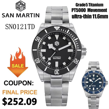 San Martin SN0121TD Titan-Taucheruhr ST2130 Automatikwerk Uhren Grade5 Titan 120 Klicks wasserdicht 300m Armbanduhr
