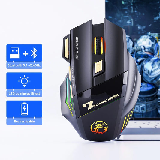 Kabellose Gaming-Maus USB IMICE GW-X7 3200DPI Dual Mode, wiederaufladbar, 7 Tasten, 2.4Ghz, leise Bluetooth-Maus mit 7-farbiger Breathing-LED