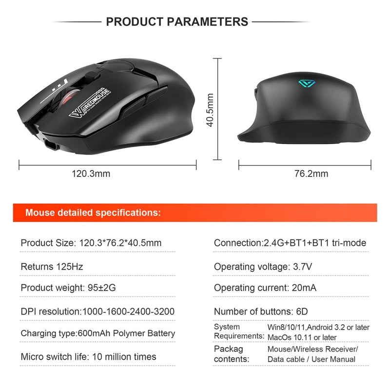Rato Bluetooth Sem Fios de Modo Duplo com Ecrã Inteligente, Carregamento Silencioso, para Escritório, Gaming e Tablet, Portátil e Universal