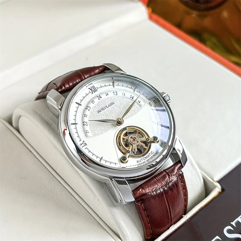 Automatinis mechaninis vyriškas laikrodis – elegantiškas skeleto dizainas, madingas „business casual“ stilius, korpusas iš lydinio ir odinis dirželis, be baterijos