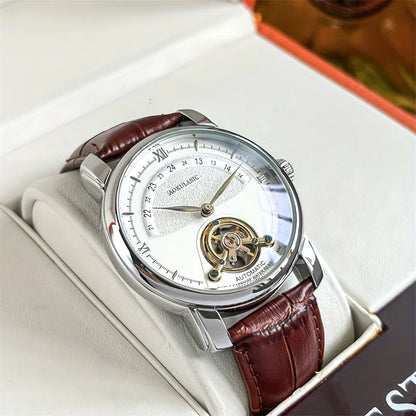 Automatinis mechaninis vyriškas laikrodis – elegantiškas skeleto dizainas, madingas „business casual“ stilius, korpusas iš lydinio ir odinis dirželis, be baterijos