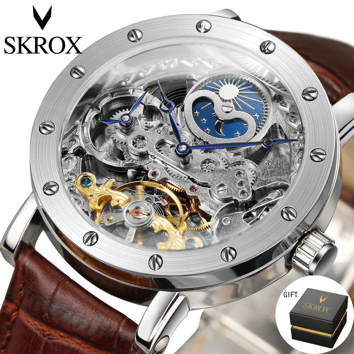 SKROX automata mechanikus férfi karóra, szkeleton modell GMT funkcióval, holdfázis-kijelzővel és tourbillon-nal – Elegáns és eredeti, csúcsminőségű luxusóra.