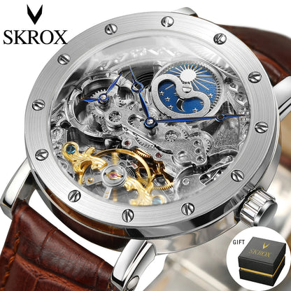 SKROX automata mechanikus férfi karóra, szkeleton modell GMT funkcióval, holdfázis-kijelzővel és tourbillon-nal – Elegáns és eredeti, csúcsminőségű luxusóra.