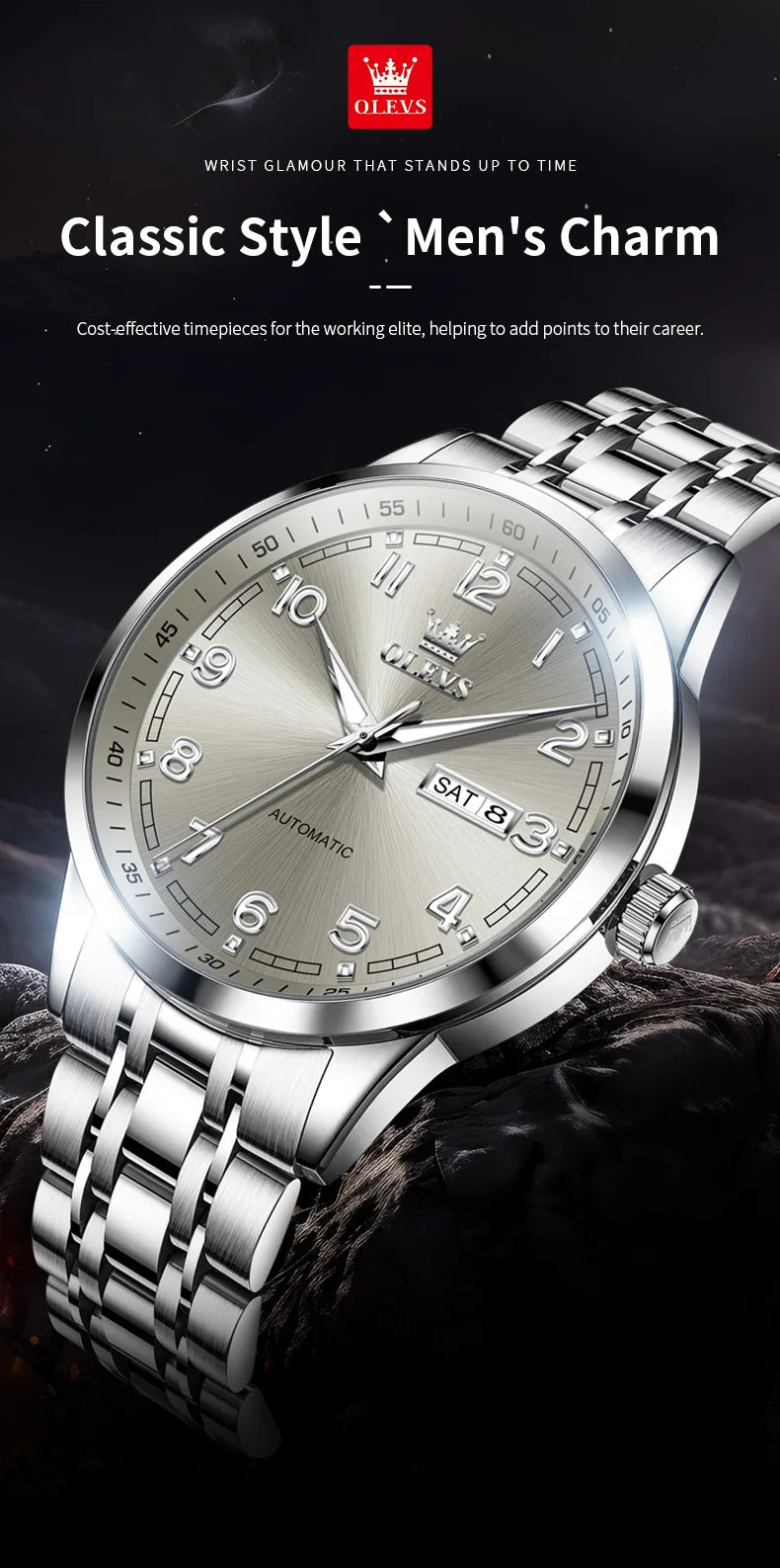 OLEVS Original Men's Fully Automatic Mechanical Watch Stainless Steel Calendar Week Men's Luminous Waterproof Business Watch