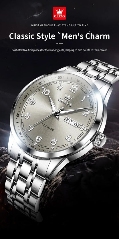 OLEVS Original Men's Fully Automatic Mechanical Watch Stainless Steel Calendar Week Men's Luminous Waterproof Business Watch