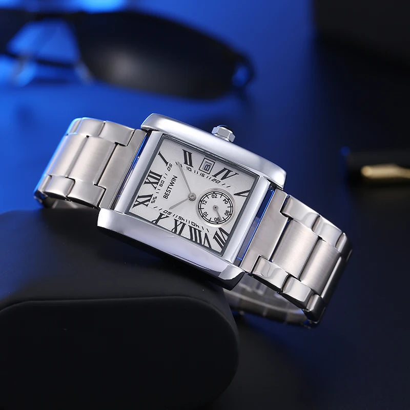 Luxury Men's Watch Men's Gold White Roman Digital Quartz Watch Metal Strap Rectangle Classic Brand Watch Business Men's Clock