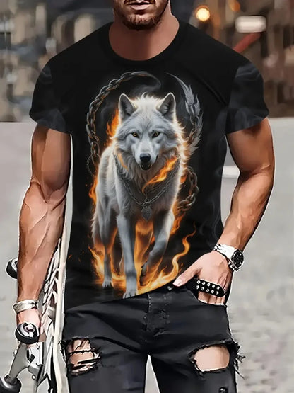 Men 3D Pattern Fire Wolf Graphic Print T-Shirt Summer Oversized Causal T-Shiet Men's Fashion Fitness Short Sleeve Clothing Tops