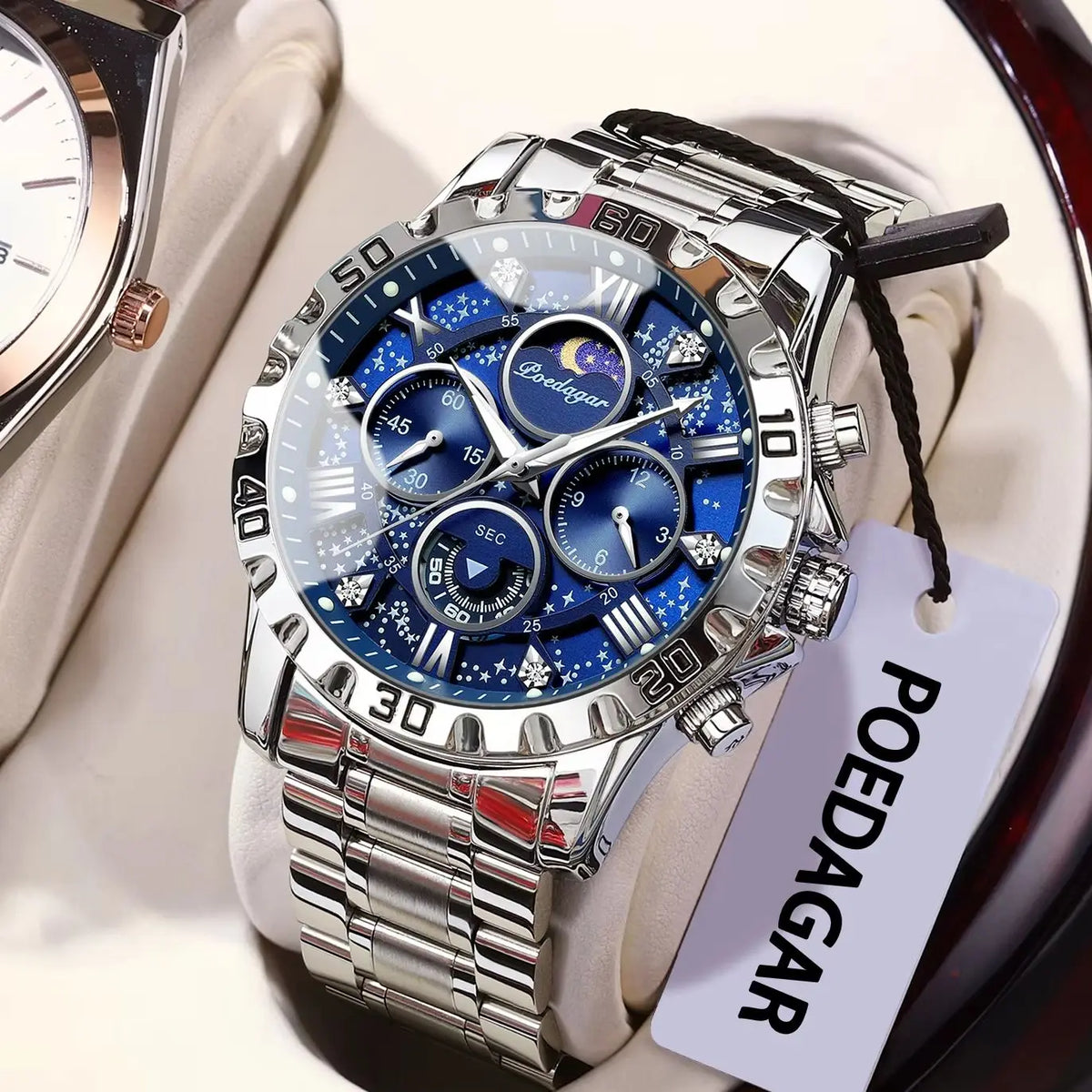 Vyriškas laikrodis „POEDAGAR“ – prabangus, atsparus vandeniui ir švytintis chronografas, pagamintas iš nerūdijančio plieno, sportinio ir karinio stiliaus, su kvarciniu mechanizmu