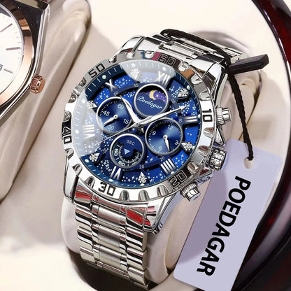 Vyriškas laikrodis „POEDAGAR“ – prabangus, atsparus vandeniui ir švytintis chronografas, pagamintas iš nerūdijančio plieno, sportinio ir karinio stiliaus, su kvarciniu mechanizmu