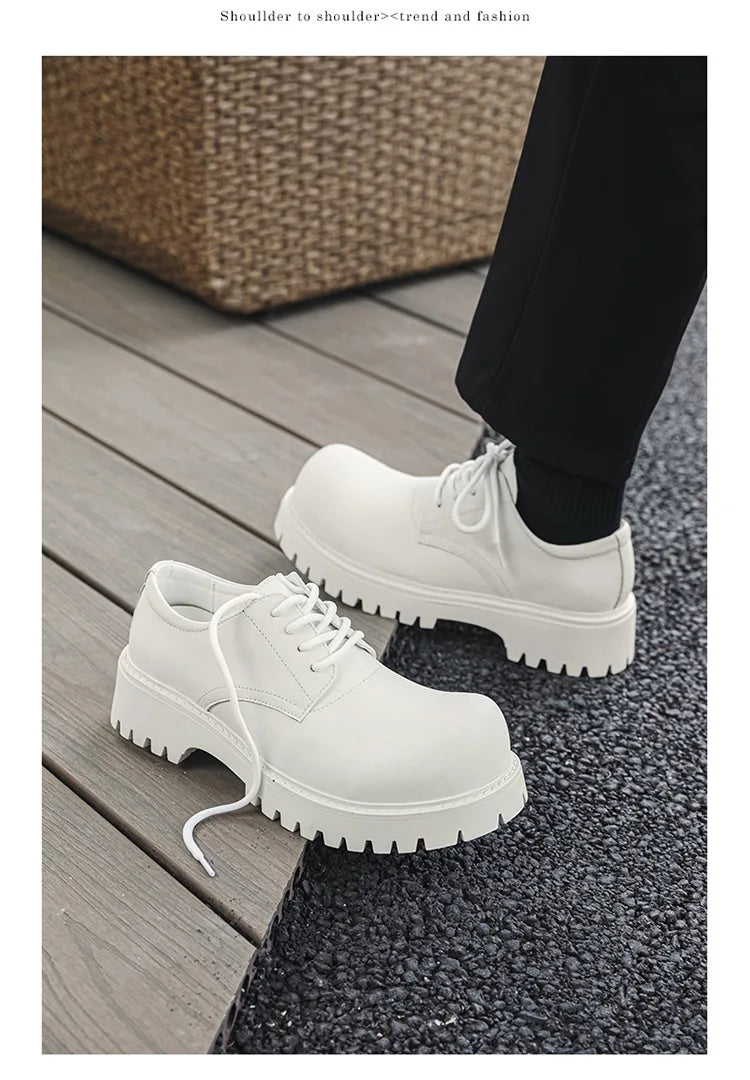 Thick Sole Casual Genuine Leather Dress Shoes Men Platform Heighten Japan Harajuku Korean Streetwear Fashion Shoes White