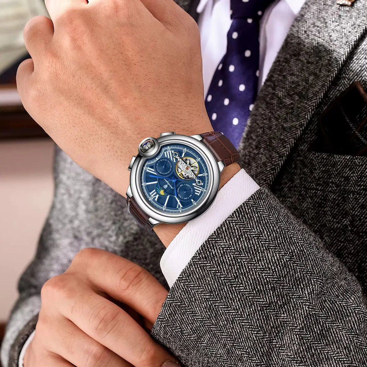 POEDAGAR luxus férfi karóra – Mechanikus automata modell dátum- és napkijelzéssel, bőr szíjjal, tourbillon-mechanizmussal, vízálló, elegáns és professzionális stílusú.