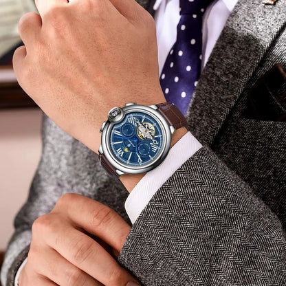 POEDAGAR luxus férfi karóra – Mechanikus automata modell dátum- és napkijelzéssel, bőr szíjjal, tourbillon-mechanizmussal, vízálló, elegáns és professzionális stílusú.