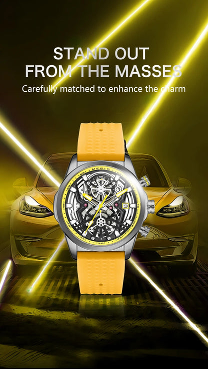 MEGIR Chronograph Quartz Watch Men Fashion Waterproof Yellow Silicone Strap Sport Wristwatch with Luminous Hands Auto Date 2235