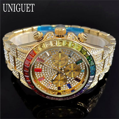 Hot Fashion Green Watches Men Brand UNIGUET Luxury Stainless Steel Hip Hop Rainbow Diamond Quartz Wristwatch Male Dropshipping ﻿