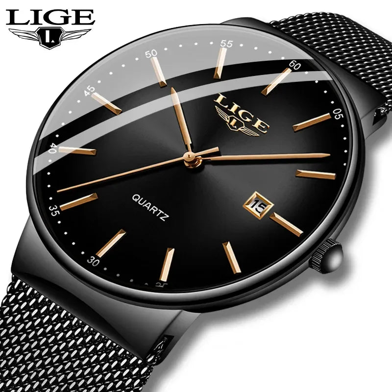 LIGE herenhorloge, elegant en luxueus model, ultradun, waterdicht, met een maasband, quartz-uurwerk, datum- en kalenderweergave – ideaal voor een professionele stijl.