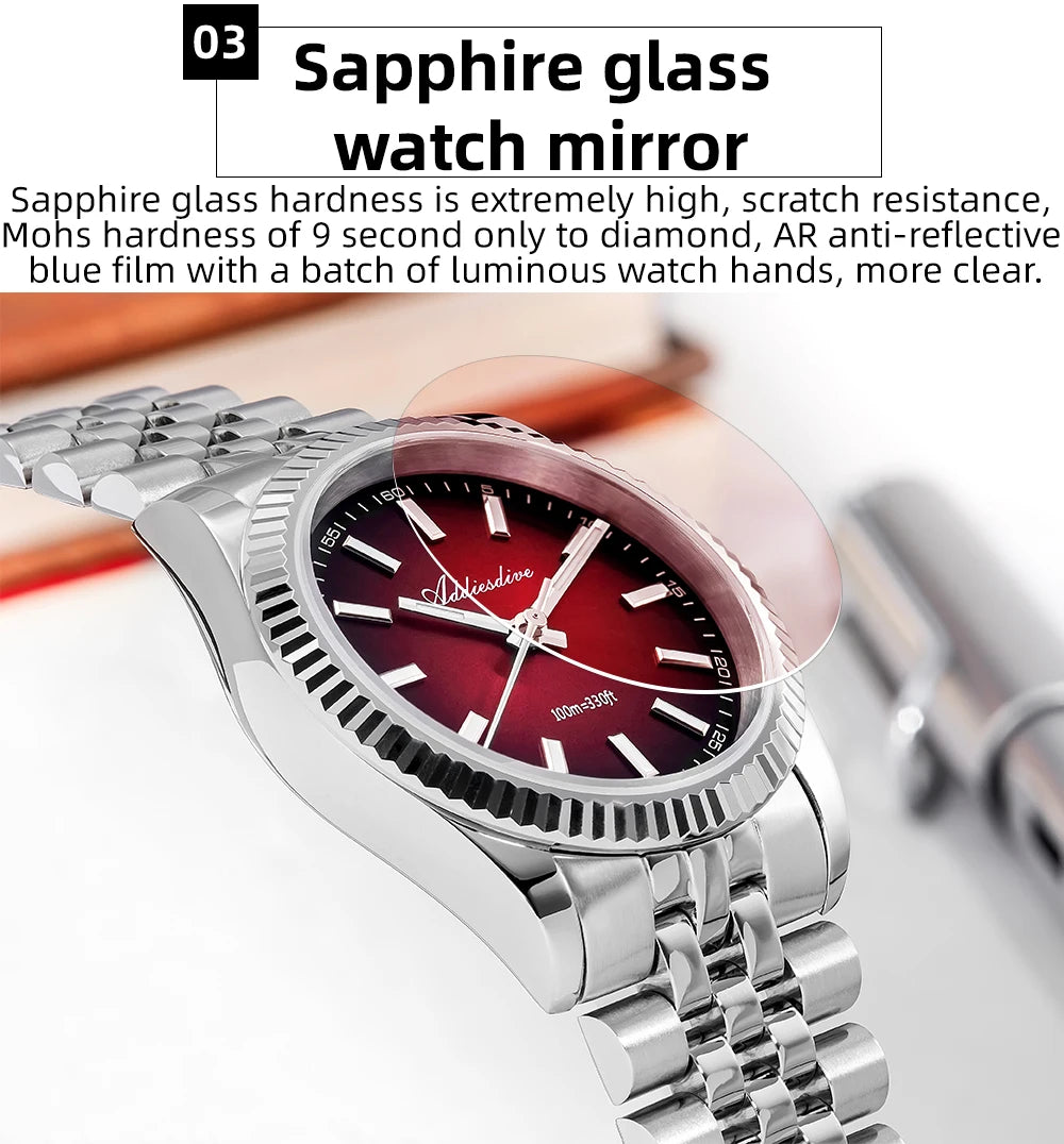 Reloj para hombre ADDIESDIVE AD2073, cristal de zafiro, 36mm, VH31, esfera sunburst, cuarzo, 10Bar, impermeable para buceo, luminoso