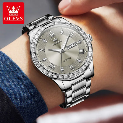 Pánské quartzové hodinky OLEVS 9906, čtvercový model zdobený diamanty, náramek z nerezové oceli, vodotěsné, s dvojitým kalendářem; luxusní a originální náramkové hodinky, ideální pro pracovní prostředí.