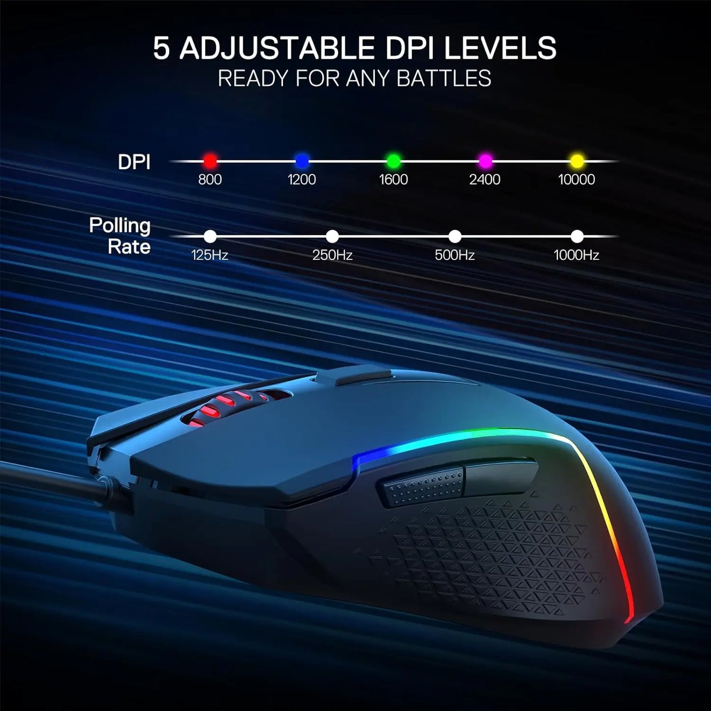 Herní kabelová optická myš Redragon M616 RGB, 10000 DPI, 6 programovatelných tlačítek, 8 režimů podsvícení, software podporuje vlastní přiřazení kláves
