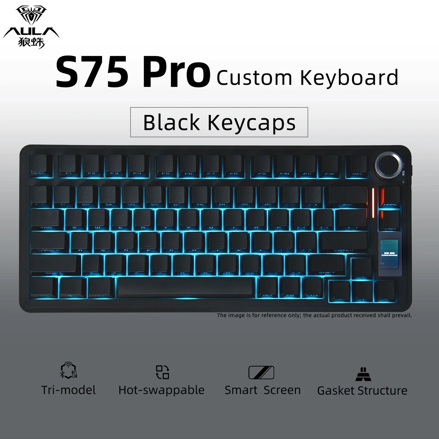 Tastiera meccanica AULA S75 PRO 75% layout personalizzato, retroilluminazione RGB, wireless Bluetooth, tastiera da gaming con schermo e manopola