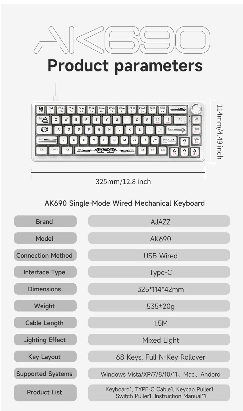 AJAZZ AK690 65% Mechanical Keyboard Full-key Hot-swap Wired USB Plug And Play Mixed Light 68 Keys Gaming Keyboard For Laptop PC