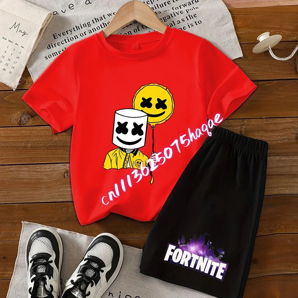 Summer FortnitesT-shirt Shorts for Boys Girl Tee Pants Set 2pcs Children Clothing Tops T-shirts Fortress Night Print Tees Gift