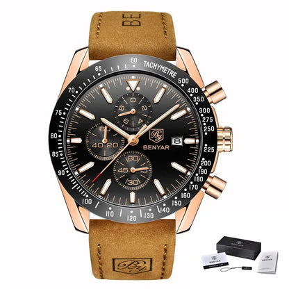Montres de luxe pour hommes BENYAR – Montres-bracelets à quartz avec bracelet en cuir, étanches jusqu'à 30 m, style sportif.