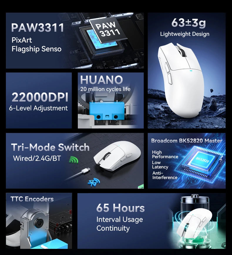 ATTACK SHARK X11 žaidimų pelė ir X11 SE belaidė pelė, 22000 DPI, PAW3311 jutiklis, BT/2.4G/laidinė, lengva 59g, 2000W paspaudimų