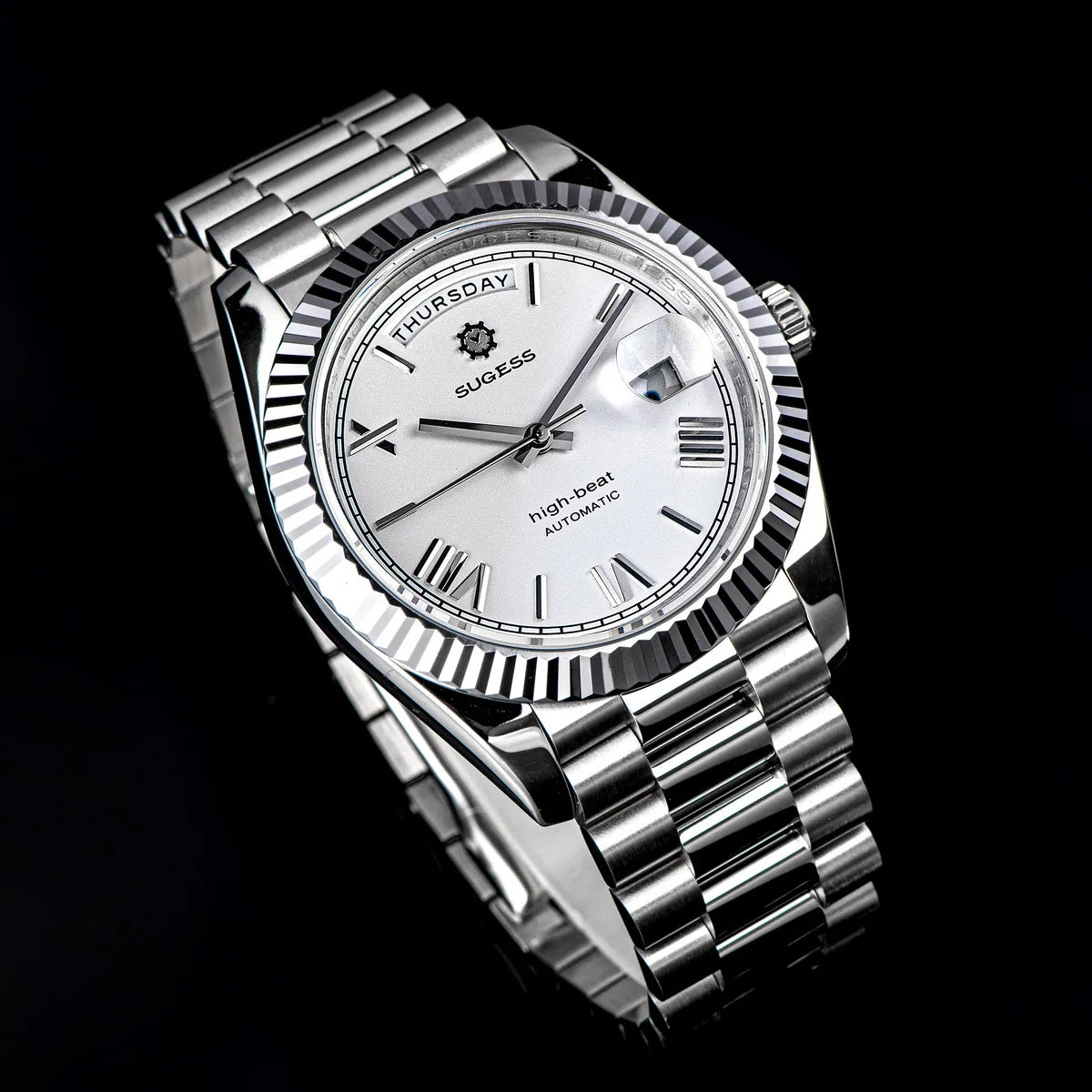 Sugess Watch Mens 40mm Date Day Automatic Dandong Peacock SL3034 Movement Retro Mechanical Wristwatch Sapphire Glass Golden New