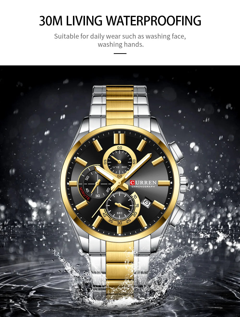 CURREN Men's Stainless Steel Chronograph Watches with Luminous Hands,Triple Sub-Dials Auto Date Fashion Design Quartz Wristwatch