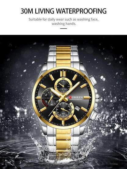 CURREN Men's Stainless Steel Chronograph Watches with Luminous Hands,Triple Sub-Dials Auto Date Fashion Design Quartz Wristwatch
