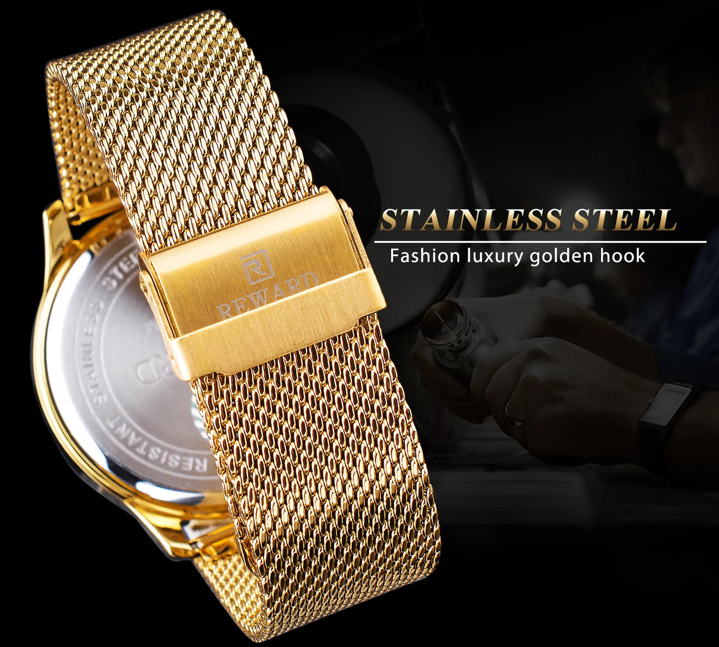 REWARD Business Watches Quartz Movement Fashion Men Gold Stainless Steel Watch Luxury Calendar Quartz Wrist Watch