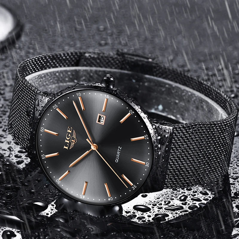 LIGE herenhorloge, elegant en luxueus model, ultradun, waterdicht, met een maasband, quartz-uurwerk, datum- en kalenderweergave – ideaal voor een professionele stijl.